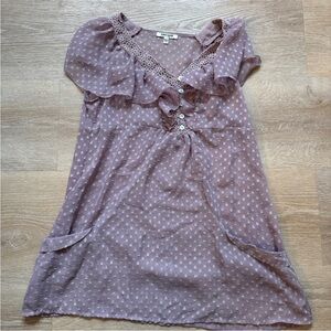 Daniel Rainn Purple Sheer Ruffle Polkadot Top with Pockets Women’s Size Small